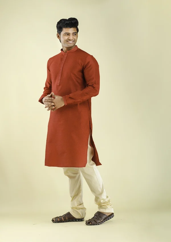Nawab Parker Shop Diamond Jacquard Red Kurta Pajama for Men Left -View