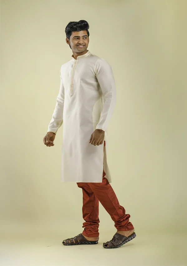 Nawab Parker Textured Silk Cream Color Kurta Pajama For Diwali left view