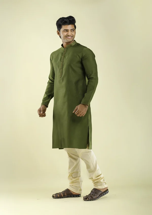 Nawab Parker Traditional Art Silk Mehndi Green Kurta Pajama right view