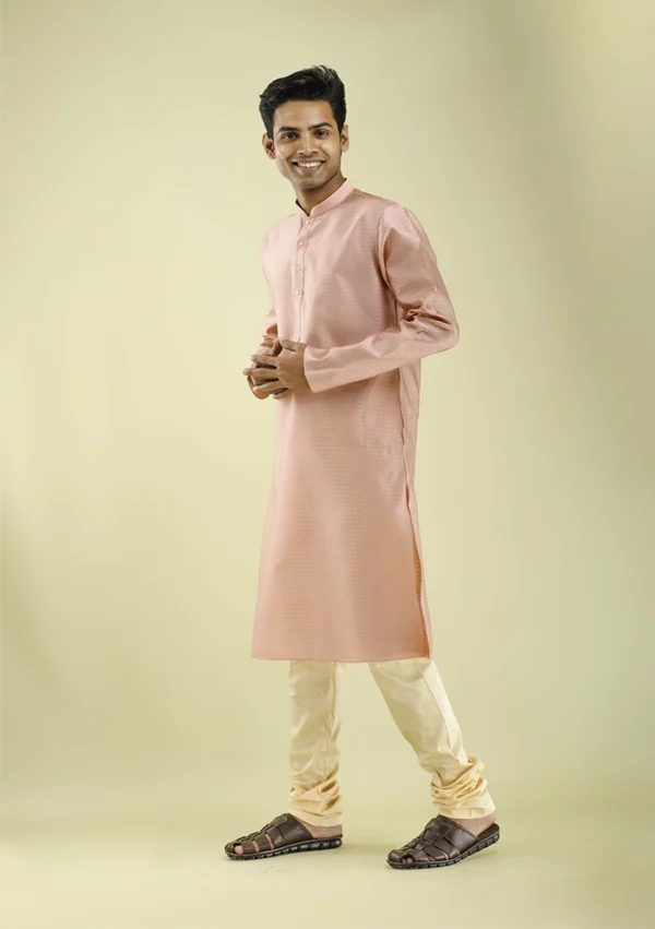Nawab Parker Silky Peach Color Party Wear Kurta Pajama for Men left view