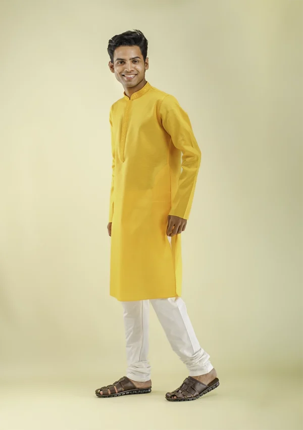 Nawab Parker Self Design Vibrant Yellow Kurta Pajama for Men left view