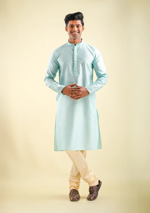 Nawab Parker Art Silk Sky Blue Kurta Pajama for Wedding Looks front full view