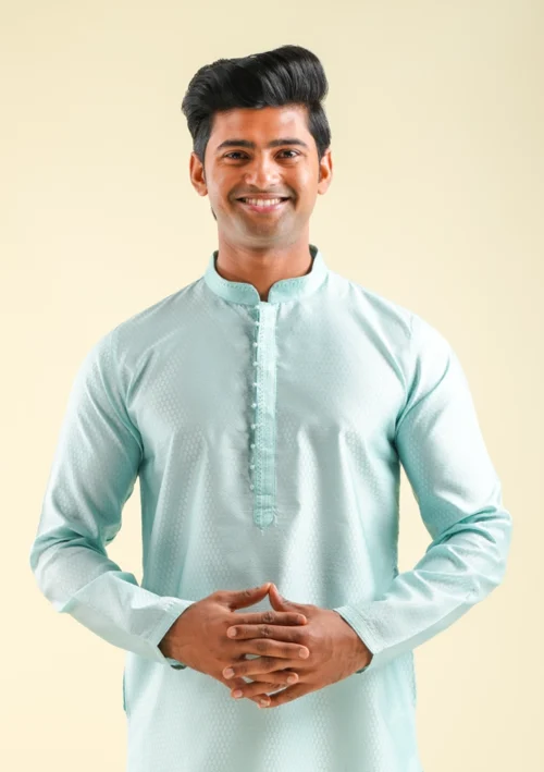 Nawab Parker Art Silk Sky Blue Kurta Pajama for Wedding Looks front kurta view