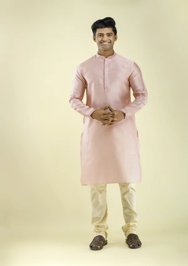 Nawab Parker Baby Pink Party Wear Kurta Pajama for Men Front - view