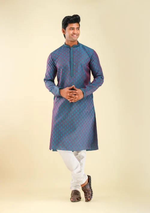 Nawab Parker Blue Maroon Patterned Silk Blend Kurta Pajama for Men front full view