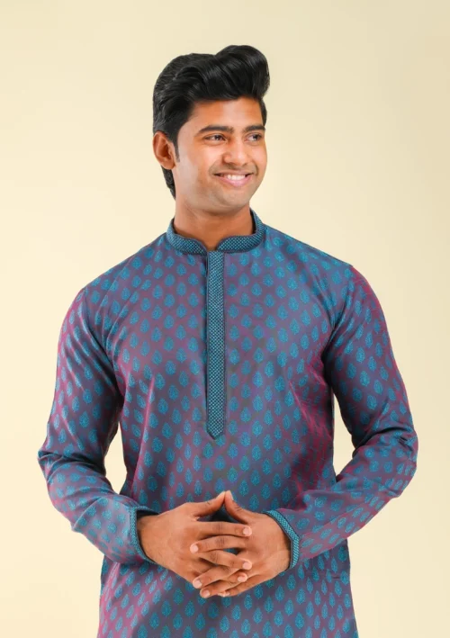 Nawab Parker Blue Maroon Patterned Silk Blend Kurta Pajama for Men front kurta view