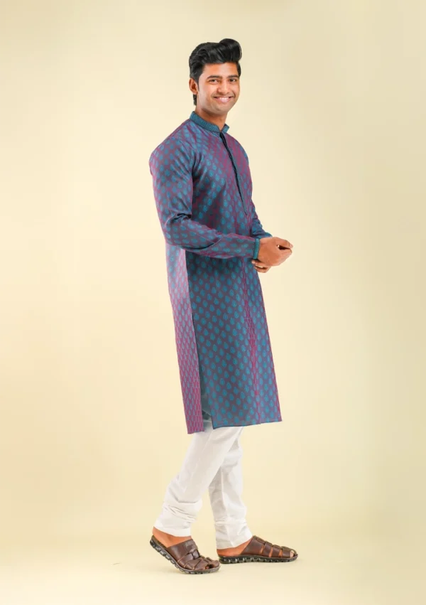 Nawab Parker Blue Maroon Patterned Silk Blend Kurta Pajama for Men right view