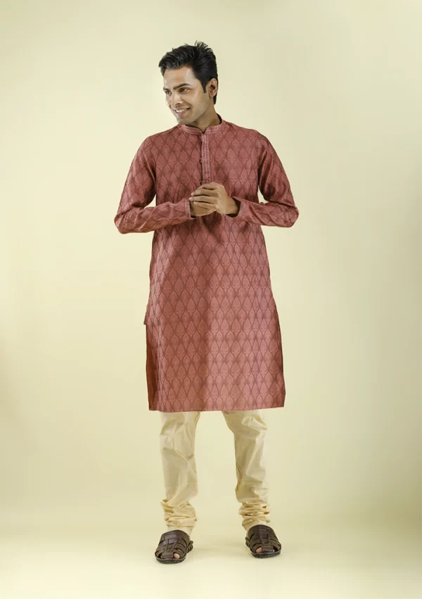 Nawab Parker Brocade Woven Light Pink Kurta Pajama with Leaf Motifs front -view