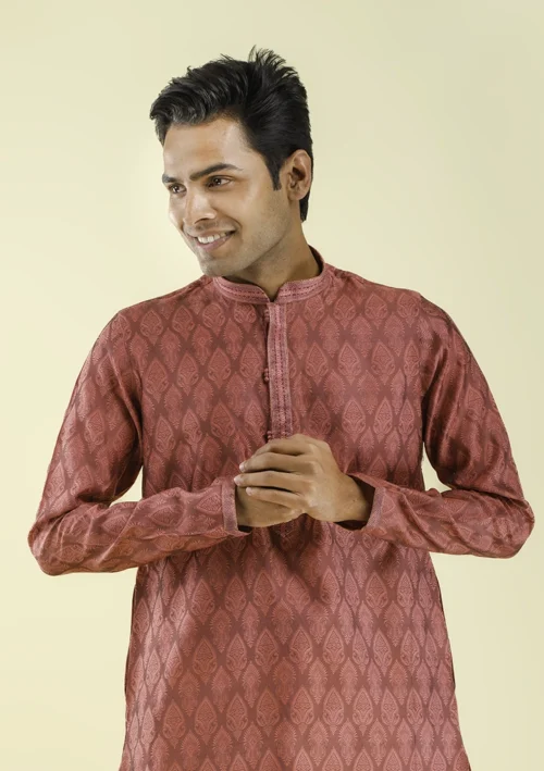Nawab Parker Brocade Woven Light Pink Kurta Pajama with Leaf Motifs half front -view
