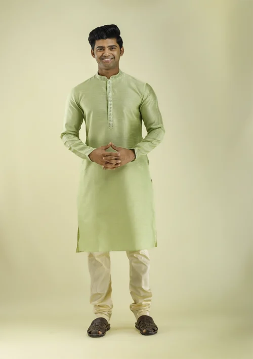 Nawab Parker Buy Art Silk Light Green Kurta Pajama for Men Front - View
