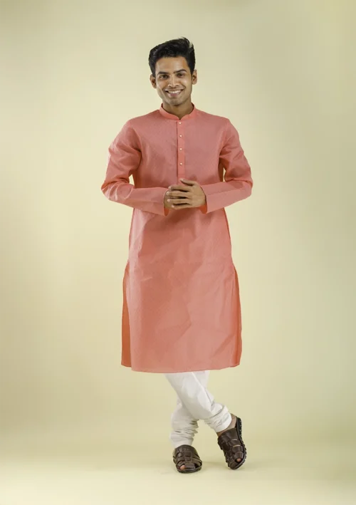 Nawab Parker Buy Comfortable Coral Pink Kurta Pajama for Men front view