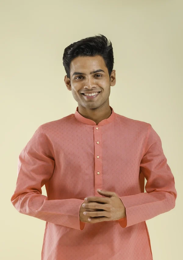 Nawab Parker Buy Comfortable Coral Pink Kurta Pajama for Men half front view