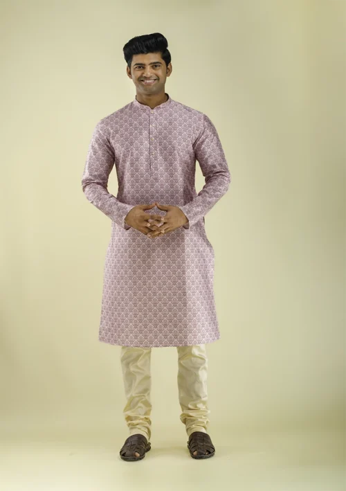 Nawab Parker Buy Damask Printed Pink & White Kurta Pajama font half front - view