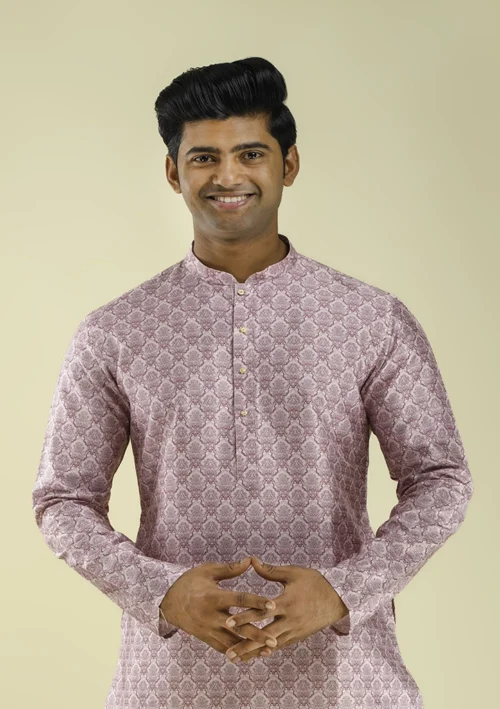 Nawab Parker Buy Damask Printed Pink & White Kurta Pajama half front -view
