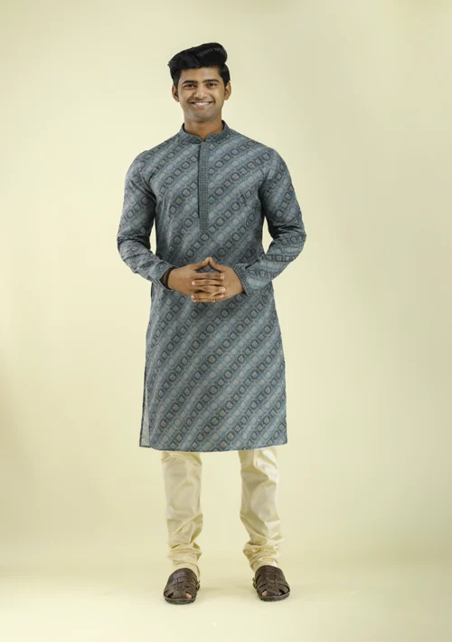 Nawab Parker Buy Designer Firozi Blue Printed Kurta Pajama for Men front - view
