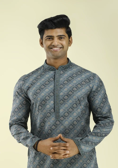 Nawab Parker Buy Designer Firozi Blue Printed Kurta Pajama for Men half front - view