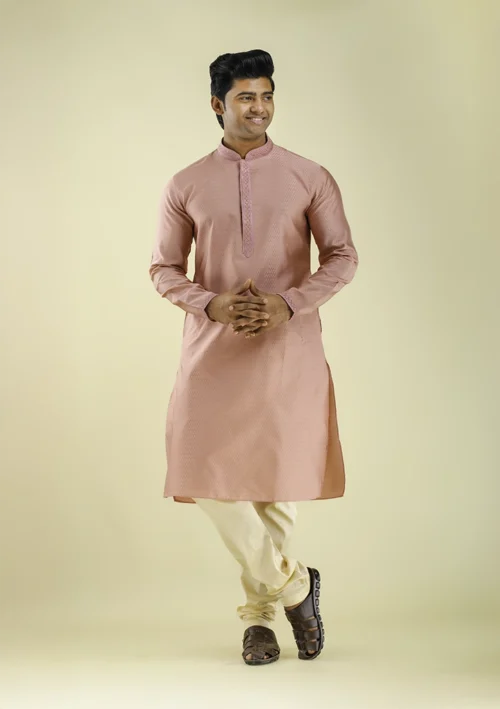 Nawab Parker Buy Men's Peach Color Ethnic Kurta Pajama Set front view