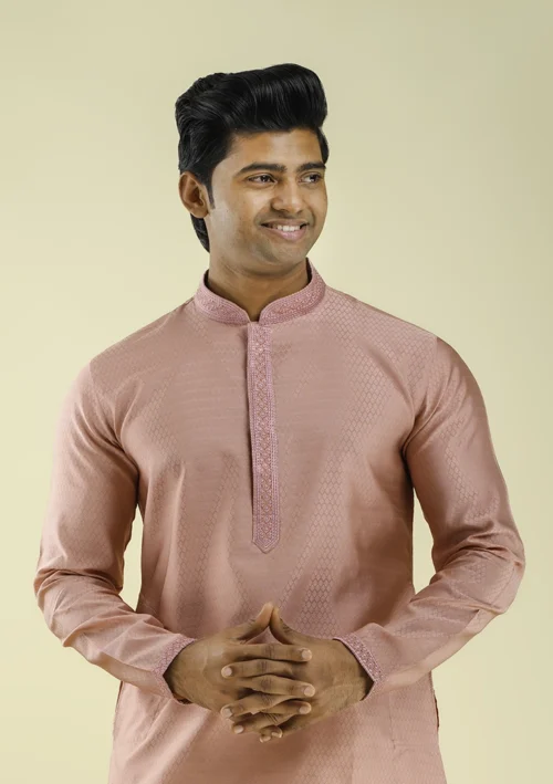 Nawab Parker Buy Men's Peach Color Ethnic Kurta Pajama Set half front view