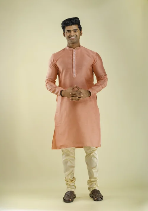 Nawab Parker Buy Men's Stylish Art Silk Patterned Kurta Set Front - View