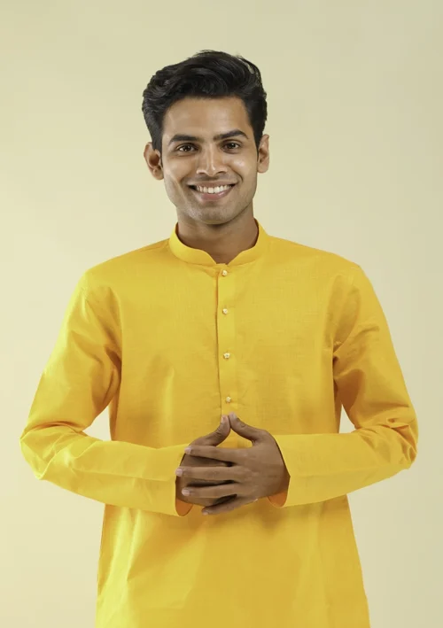 Nawab Parker Buy Nawab Parker Men’s Yellow Kurta Pajama for Casual Style half front view