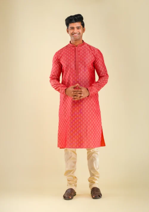 Nawab Parker Buy Silk Blend Gajari Red Kurta Pajama for Men front full view