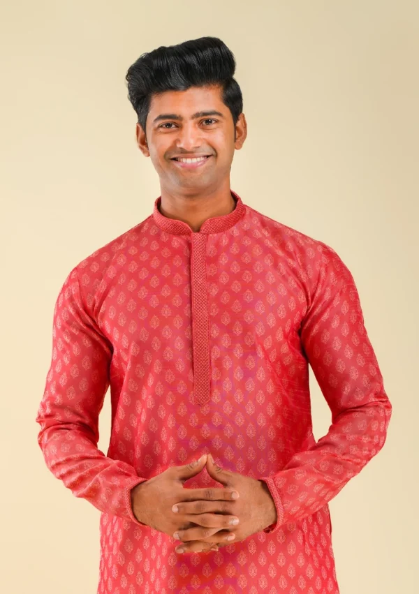 Nawab Parker Buy Silk Blend Gajari Red Kurta Pajama for Men front kurta view