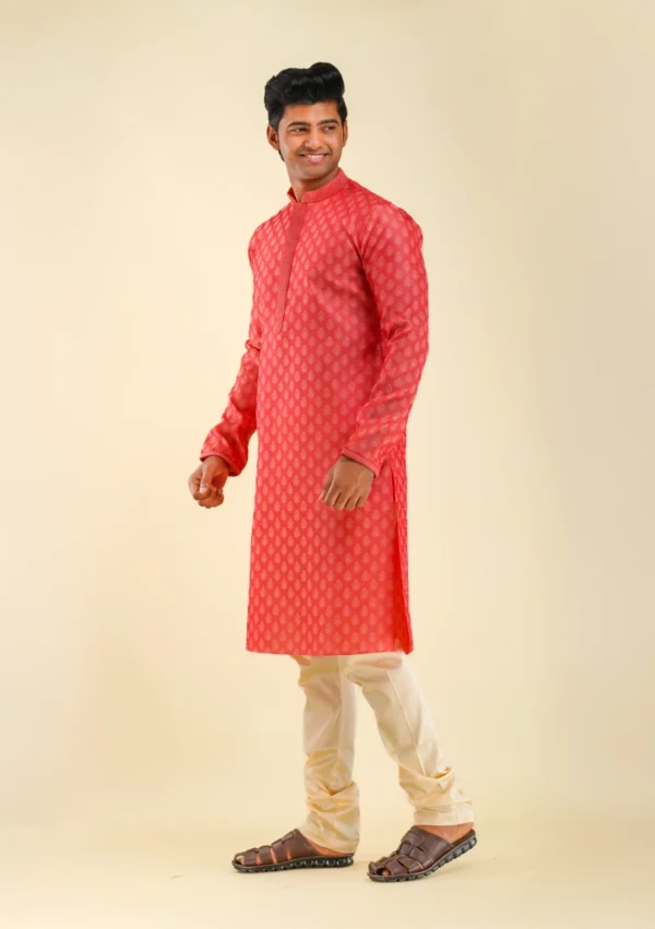 Nawab Parker Buy Silk Blend Gajari Red Kurta Pajama for Men left view