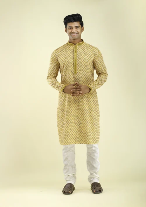 Nawab Parker Buy Traditional Festive Yellow Kurta Pajama for Men Front - View