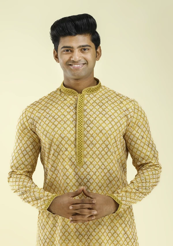 Nawab Parker Buy Traditional Festive Yellow Kurta Pajama for Men Half Front - View
