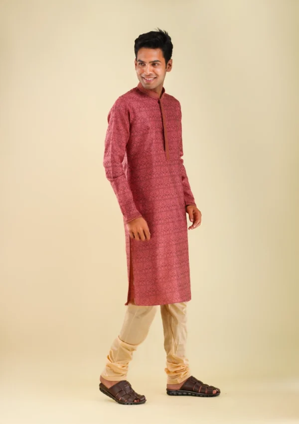 Nawab Parker Carrot Pink Viscose Based Printed Kurta Pajama Set for Men right view