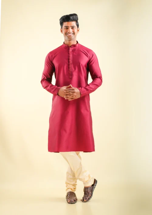 Nawab Parker Classic Ethnic Maroon Kurta Pajama with Subtle Design front full view