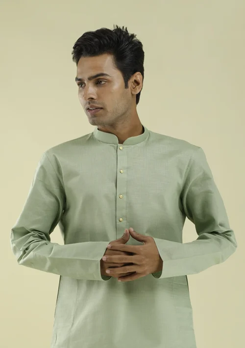 Nawab Parker Classic Full Sleeves Light Green Kurta Pajama for Men half front view