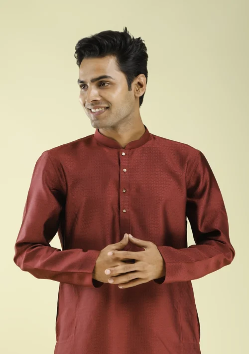 Nawab Parker Classic Maroon Color Kurta Pajama In Glossy Art Silk half front view