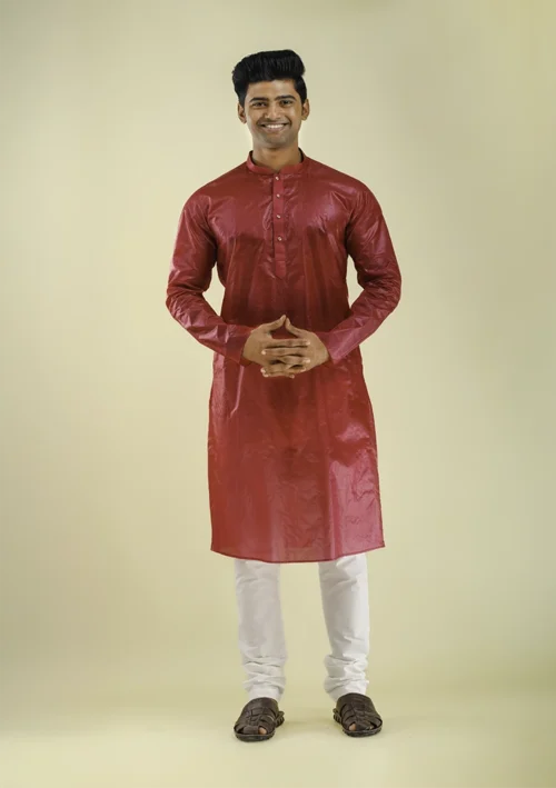 Nawab Parker Comfortable Soft Silk Maroon Kurta Pajama for Men front view