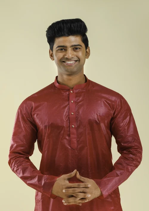 Nawab Parker Comfortable Soft Silk Maroon Kurta Pajama for Men half front view