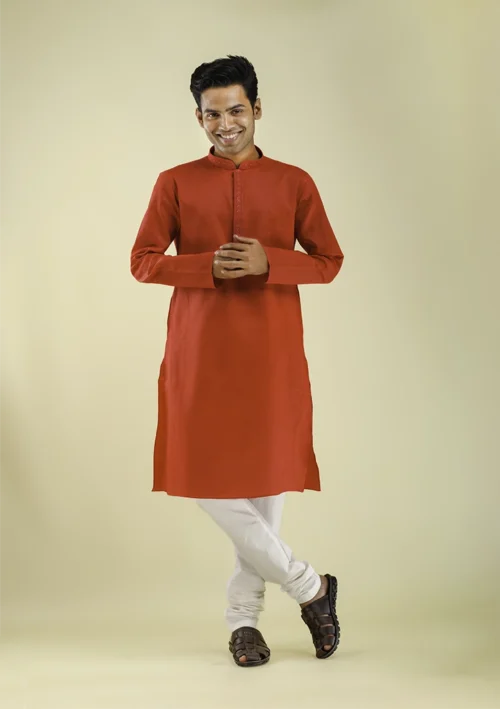 Nawab Parker Crimson Red Kurta Pajama for Men with Designer Placket front view
