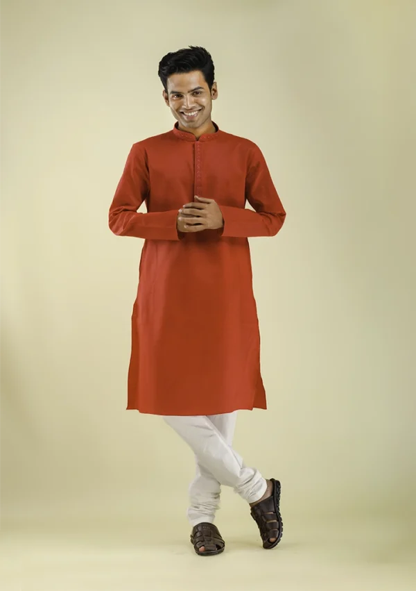 Nawab Parker Crimson Red Kurta Pajama for Men with Designer Placket front view