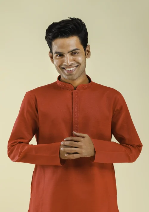 Nawab Parker Crimson Red Kurta Pajama for Men with Designer Placket half front view