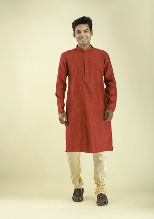 Nawab Parker Crimson Red Kurta Pajama with Sequin Work FRONT - VIEW