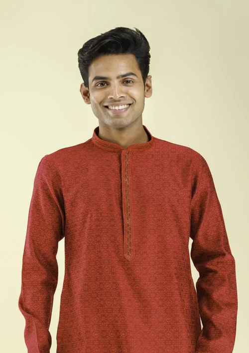 Nawab Parker Crimson Red Kurta Pajama with Sequin Work HALF FRONT - VIEW