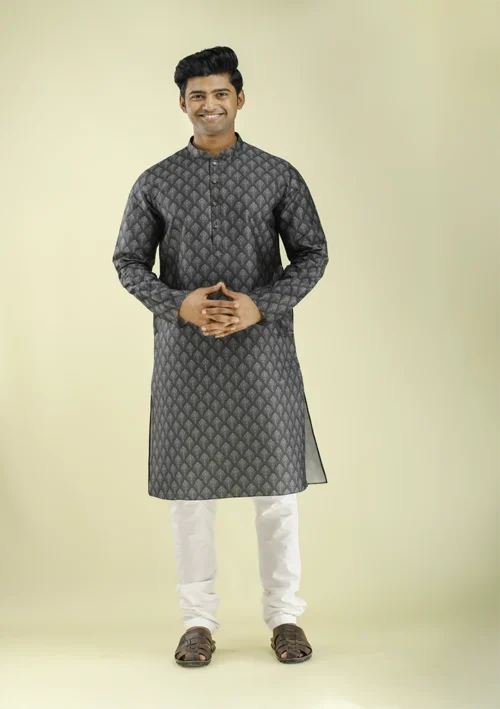 Nawab Parker Dark Grey Kurta Pajama With Subtle Buti Patterns front view