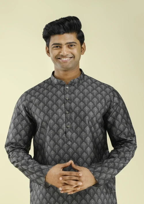 Nawab Parker Dark Grey Kurta Pajama With Subtle Buti Patterns half front