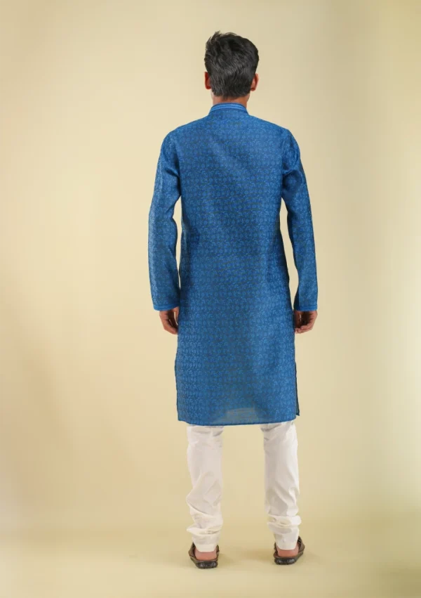 Nawab Parker Designer Blue Kurta Pajama with Woven Flower Pattern back view