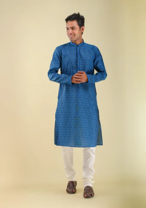 Nawab Parker Designer Blue Kurta Pajama with Woven Flower Pattern front full view