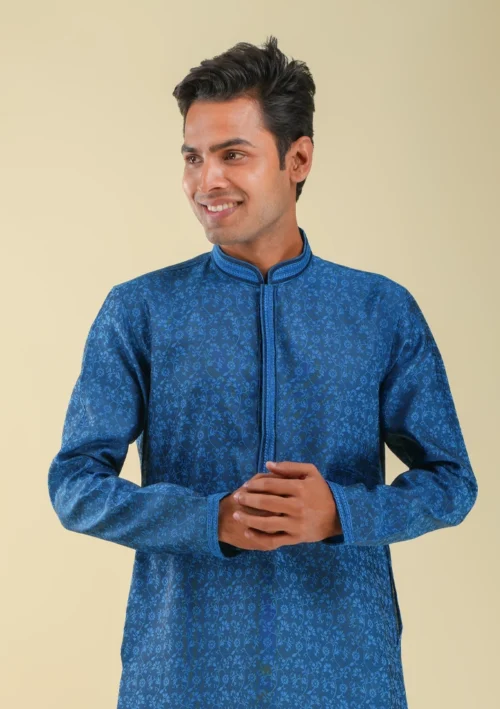 Nawab Parker Designer Blue Kurta Pajama with Woven Flower Pattern front kurta view