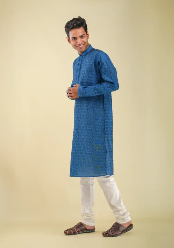 Nawab Parker Designer Blue Kurta Pajama with Woven Flower Pattern left view