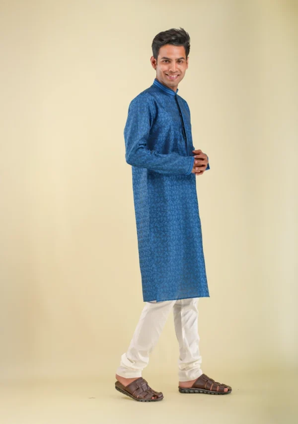 Nawab Parker Designer Blue Kurta Pajama with Woven Flower Pattern right view