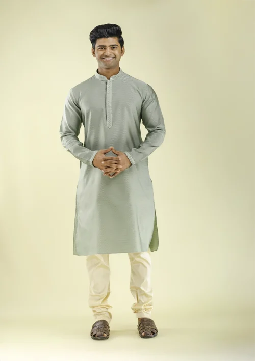 Nawab Parker Designer Light Green Kurta Pajama with Embroidered Placket front view