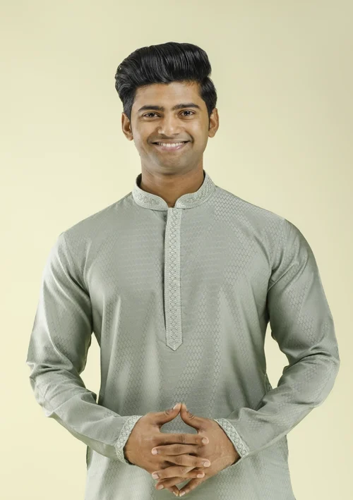 Nawab Parker Designer Light Green Kurta Pajama with Embroidered Placket half front view