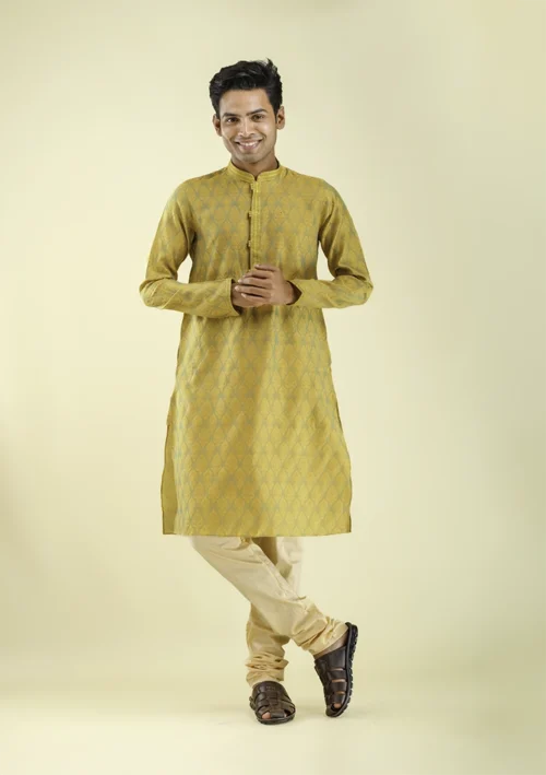 Nawab Parker Designer Motif Style Yellow Kurta Pajama for Men front -view